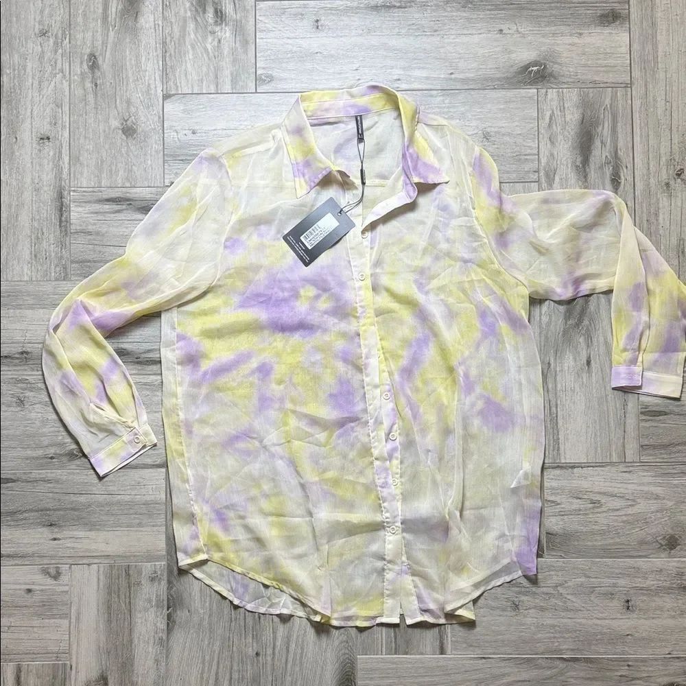 PrettyLittleThing Sheer Yellow and Purple Button-Up Blouse